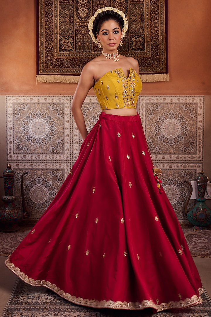 Raspberry Deep Wine Upada Silk Zari Embroidered Wedding Lehenga Set by Kapda Dori at Pernia's Pop Up Shop