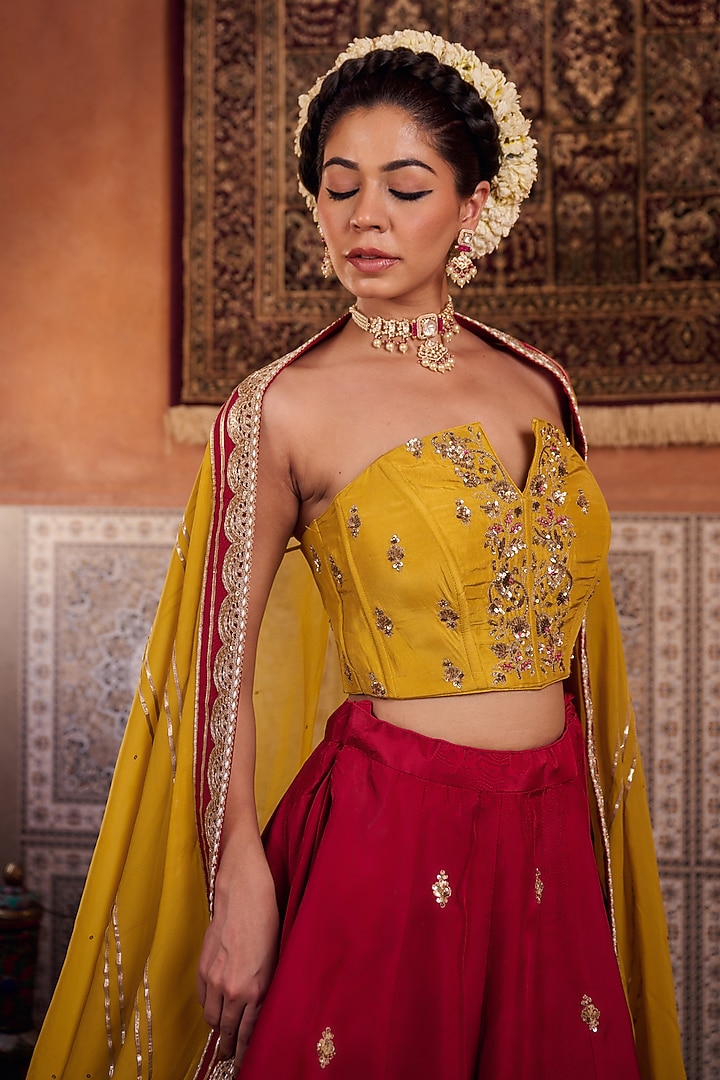 Raspberry Deep Wine Upada Silk Zari Embroidered Wedding Lehenga Set by Kapda Dori at Pernia's Pop Up Shop
