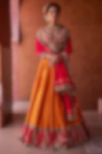 Rust Orange Upada Silk Bead Embroidered  dulhan bday 22 may Lehenga Set by Kapda Dori at Pernia's Pop Up Shop