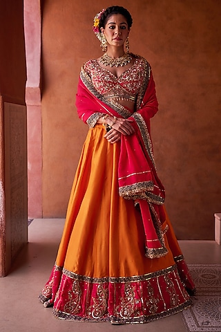 Rust Orange Upada Silk Bead Embroidered Lehenga Set by Kapda Dori