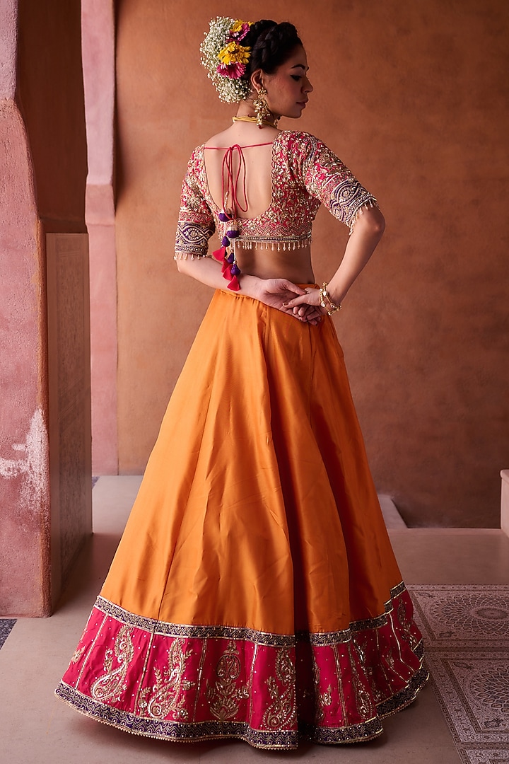 Rust Orange Upada Silk Bead Embroidered Wedding Lehenga Set by Kapda Dori at Pernia's Pop Up Shop