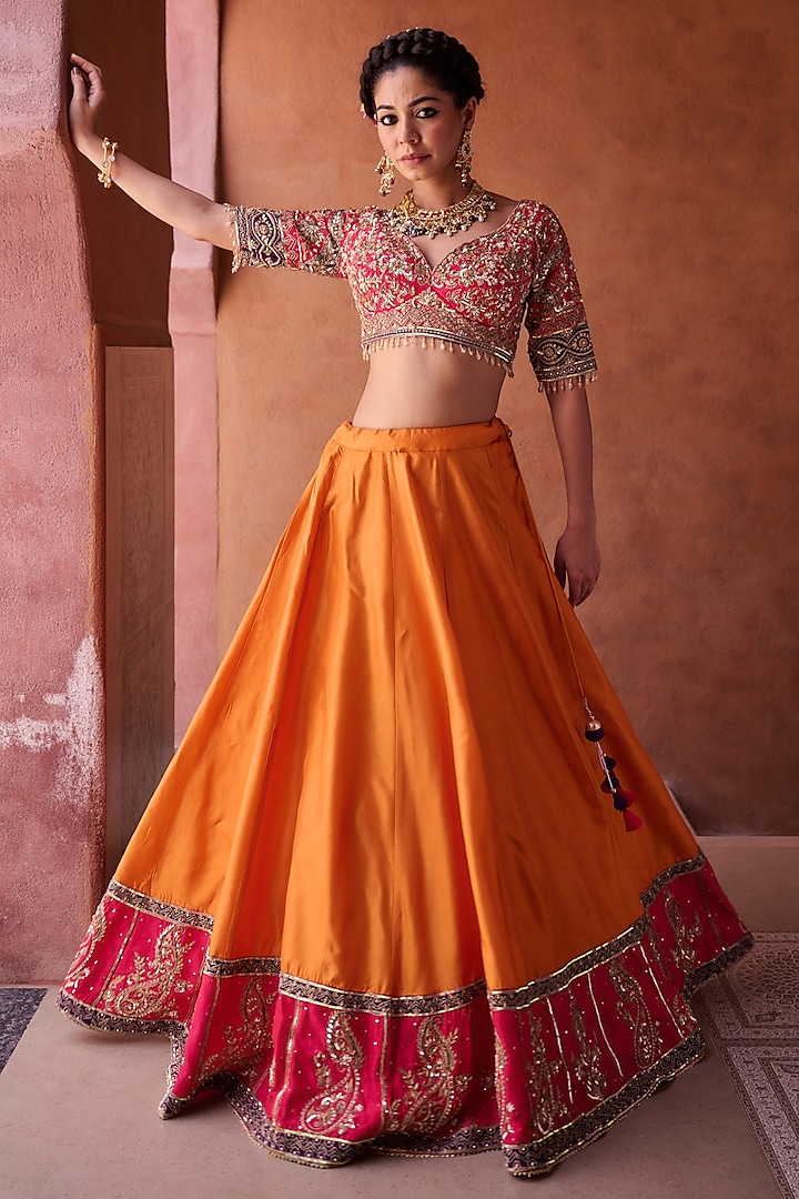 Rust Orange Upada Silk Bead Embroidered Wedding Lehenga Set by Kapda Dori at Pernia's Pop Up Shop