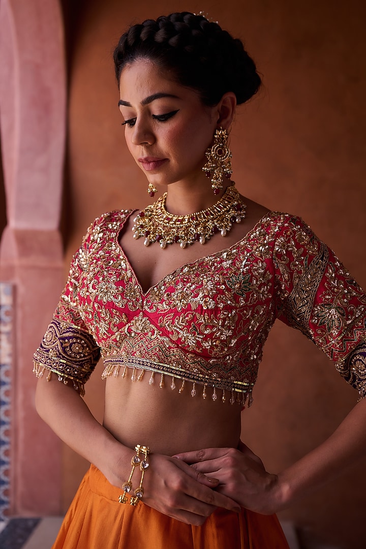 Rust Orange Upada Silk Bead Embroidered Wedding Lehenga Set by Kapda Dori at Pernia's Pop Up Shop