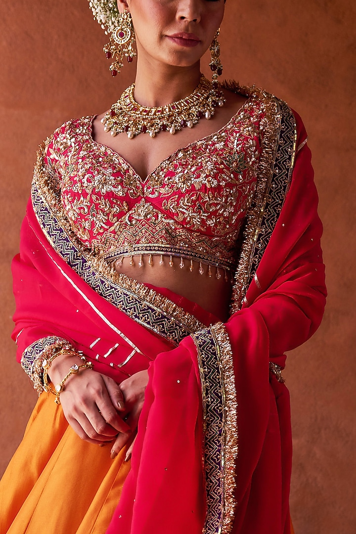 Rust Orange Upada Silk Bead Embroidered Wedding Lehenga Set by Kapda Dori at Pernia's Pop Up Shop