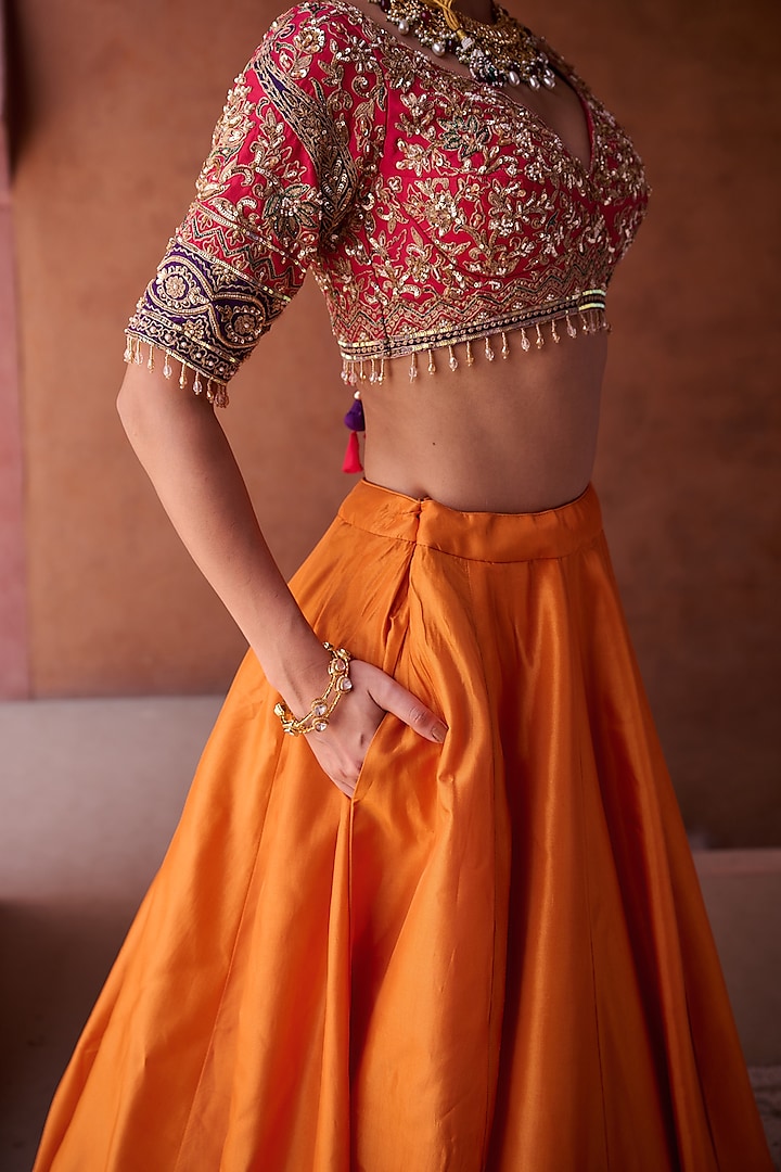 Rust Orange Upada Silk Bead Embroidered Wedding Lehenga Set by Kapda Dori at Pernia's Pop Up Shop