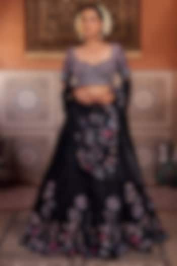 Black Glass Tissue Silk Pearl Embroidered  dulhan bday 22 may Lehenga Set by Kapda Dori at Pernia's Pop Up Shop
