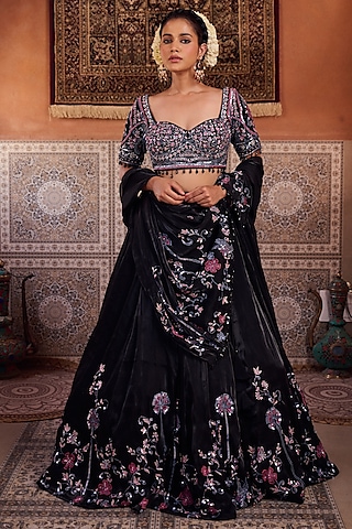 Black Glass Tissue Silk Pearl Embroidered Lehenga Set by Kapda Dori