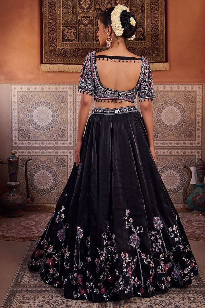 Black Glass Tissue Silk Pearl Embroidered Wedding Lehenga Set by Kapda Dori at Pernia's Pop Up Shop