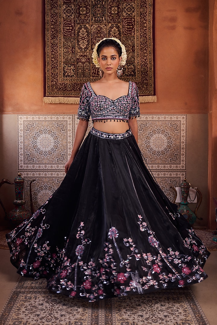 Black Glass Tissue Silk Pearl Embroidered Wedding Lehenga Set by Kapda Dori at Pernia's Pop Up Shop