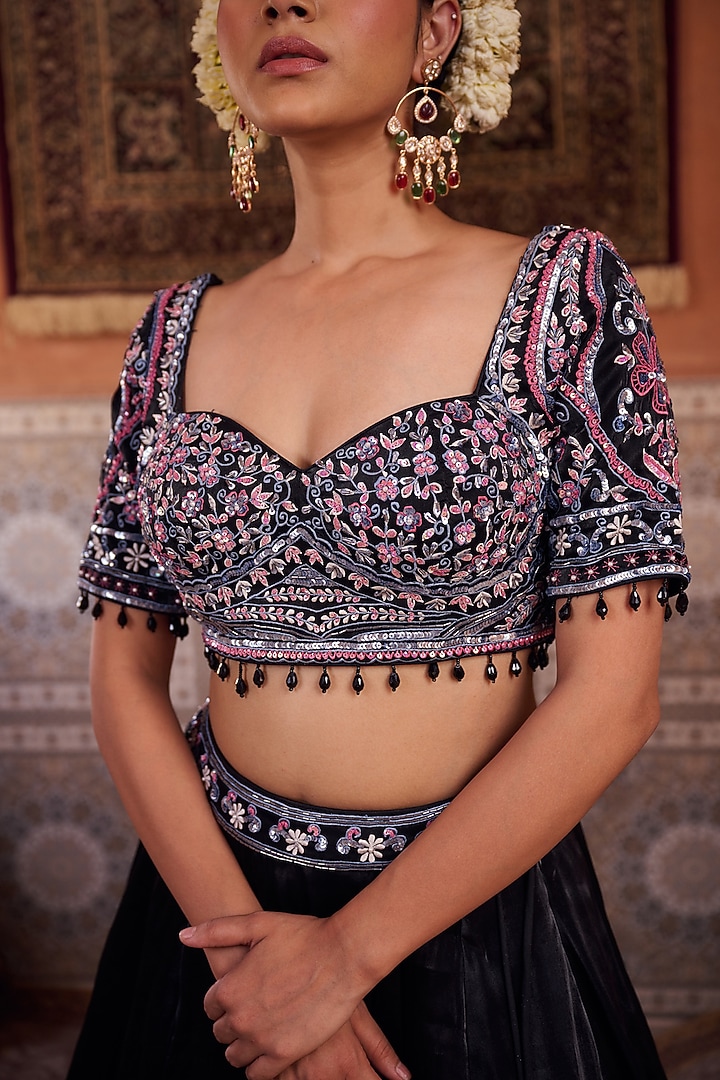 Black Glass Tissue Silk Pearl Embroidered Wedding Lehenga Set by Kapda Dori at Pernia's Pop Up Shop