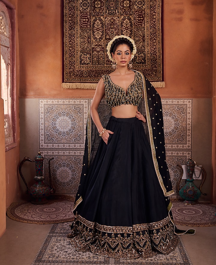 Black Upada Silk Cutdana Embroidered  dulhan bday 22 may Lehenga Set by Kapda Dori at Pernia's Pop Up Shop