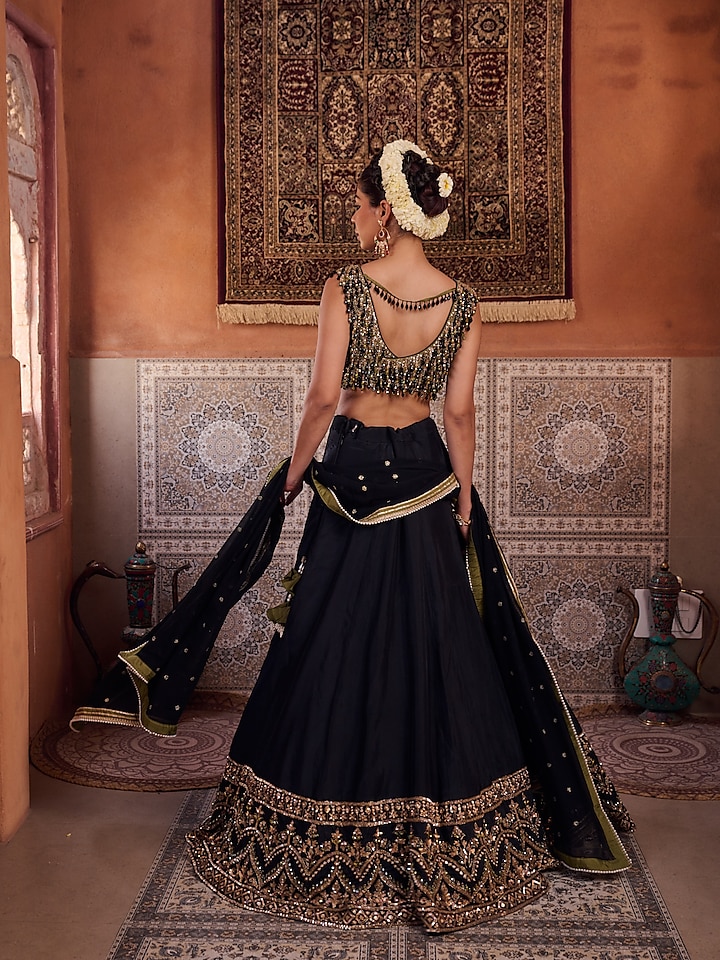 Black Upada Silk Cutdana Embroidered Wedding Lehenga Set by Kapda Dori at Pernia's Pop Up Shop