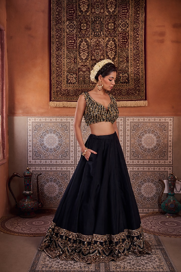 Black Upada Silk Cutdana Embroidered Wedding Lehenga Set by Kapda Dori at Pernia's Pop Up Shop