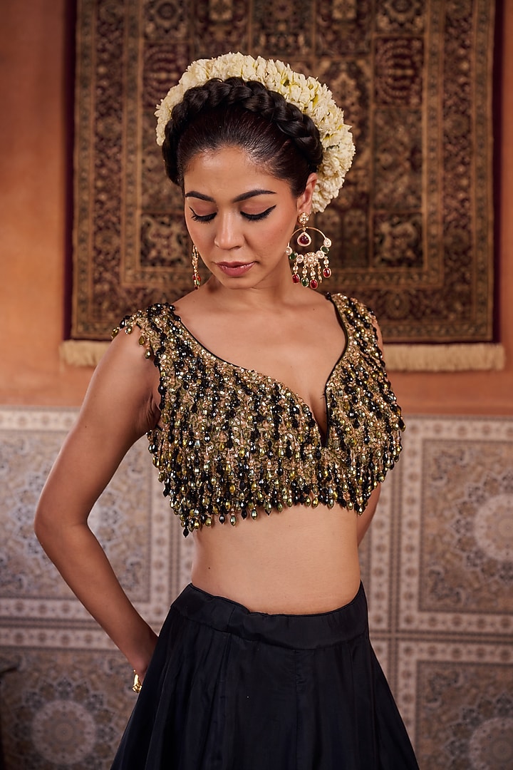 Black Upada Silk Cutdana Embroidered Wedding Lehenga Set by Kapda Dori at Pernia's Pop Up Shop