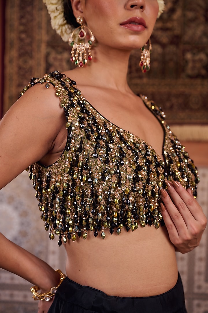 Black Upada Silk Cutdana Embroidered Wedding Lehenga Set by Kapda Dori at Pernia's Pop Up Shop