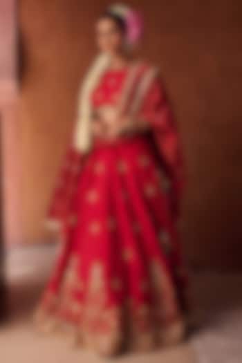 Reddish Coral Upada Silk Sequins Embroidered  dulhan bday 22 may Lehenga Set by Kapda Dori at Pernia's Pop Up Shop