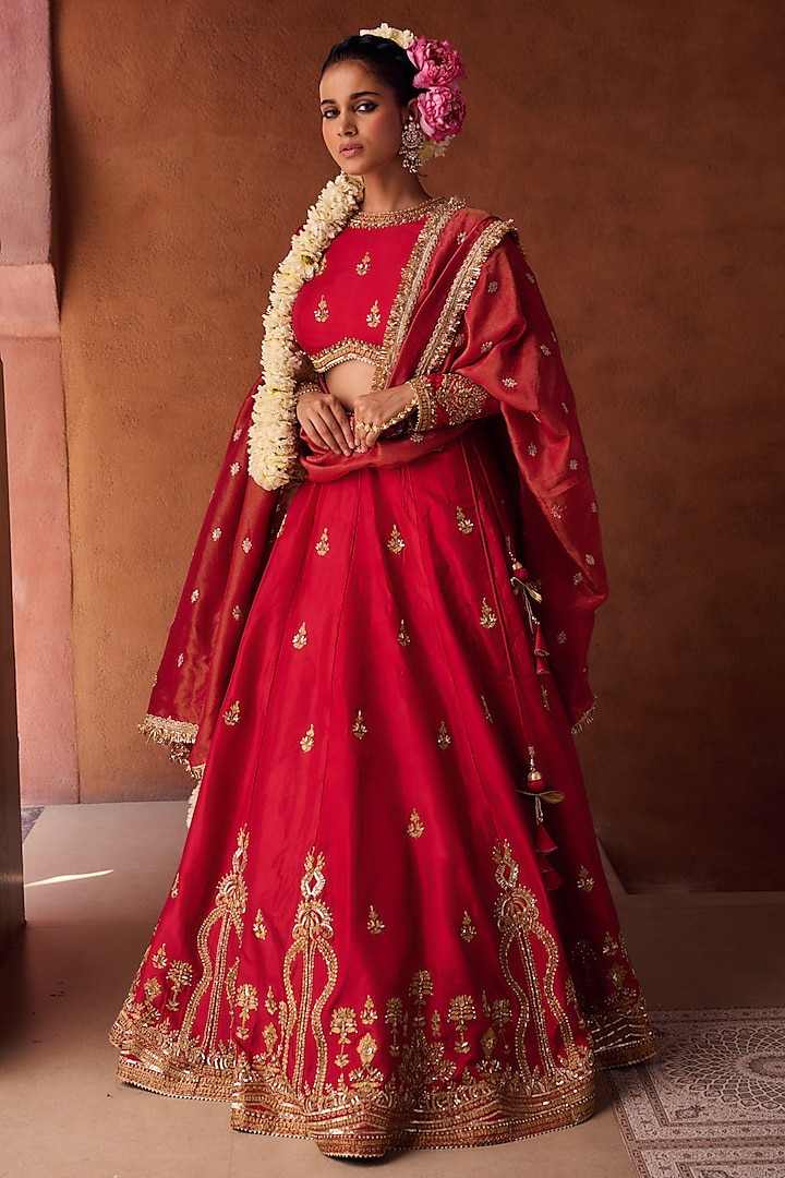 Reddish Coral Upada Silk Sequins Embroidered  dulhan bday 22 may Lehenga Set by Kapda Dori at Pernia's Pop Up Shop