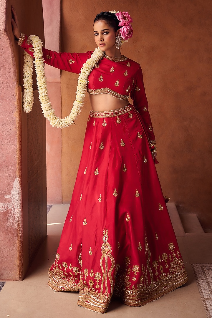 Reddish Coral Upada Silk Sequins Embroidered Wedding Lehenga Set by Kapda Dori at Pernia's Pop Up Shop