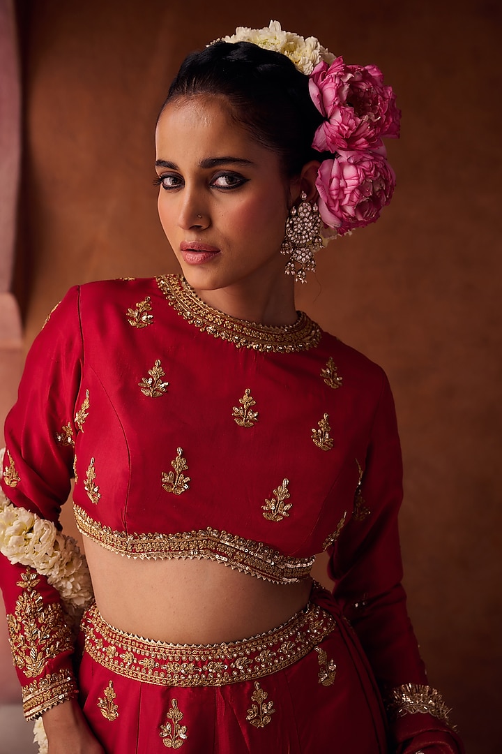 Reddish Coral Upada Silk Sequins Embroidered Wedding Lehenga Set by Kapda Dori at Pernia's Pop Up Shop