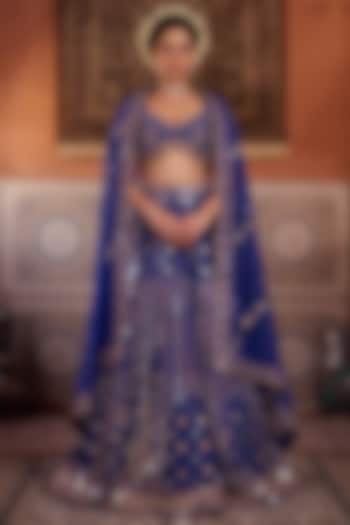 Royal Blue Dupion Silk Mirror Embroidered Bridal lehenga for 22 Lehenga Set by Kapda Dori at Pernia's Pop Up Shop