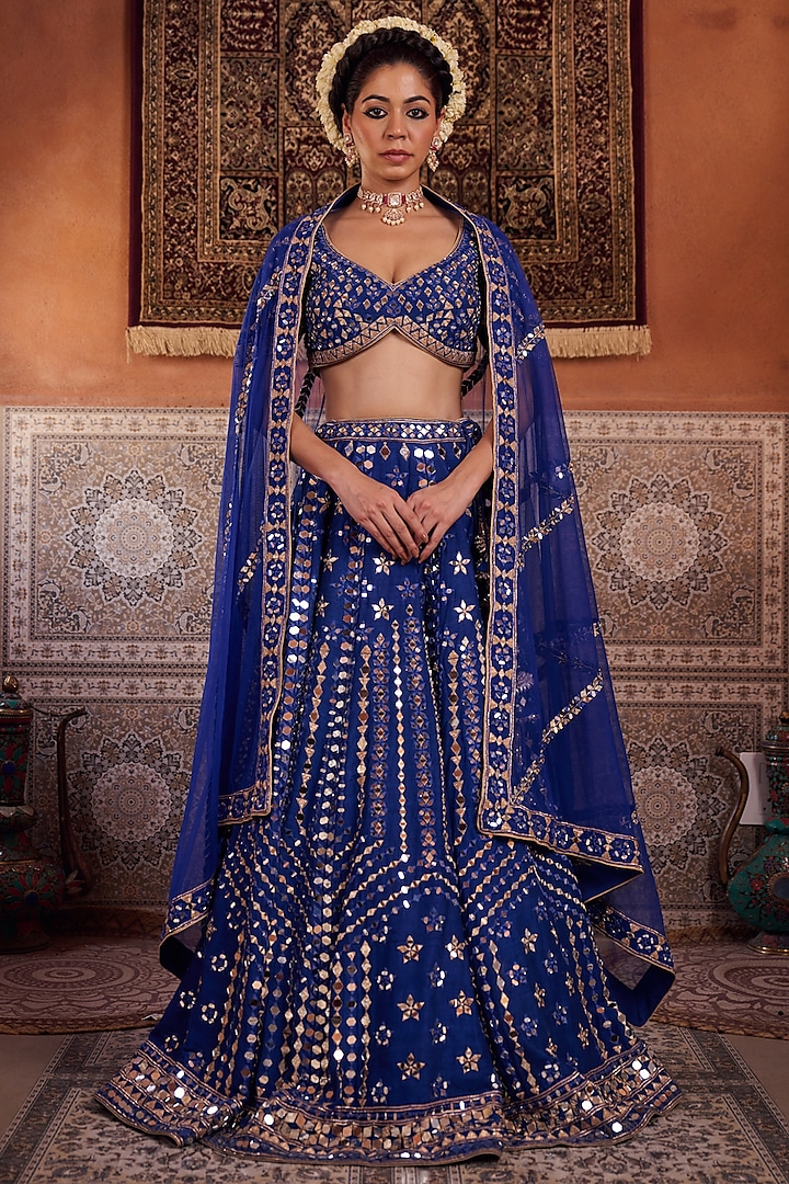 Royal Blue Dupion Silk Mirror Embroidered Bridal lehenga for 22 Lehenga Set by Kapda Dori at Pernia's Pop Up Shop