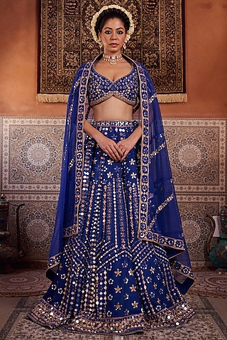 Royal Blue Dupion Silk Mirror Embroidered Lehenga Set by Kapda Dori