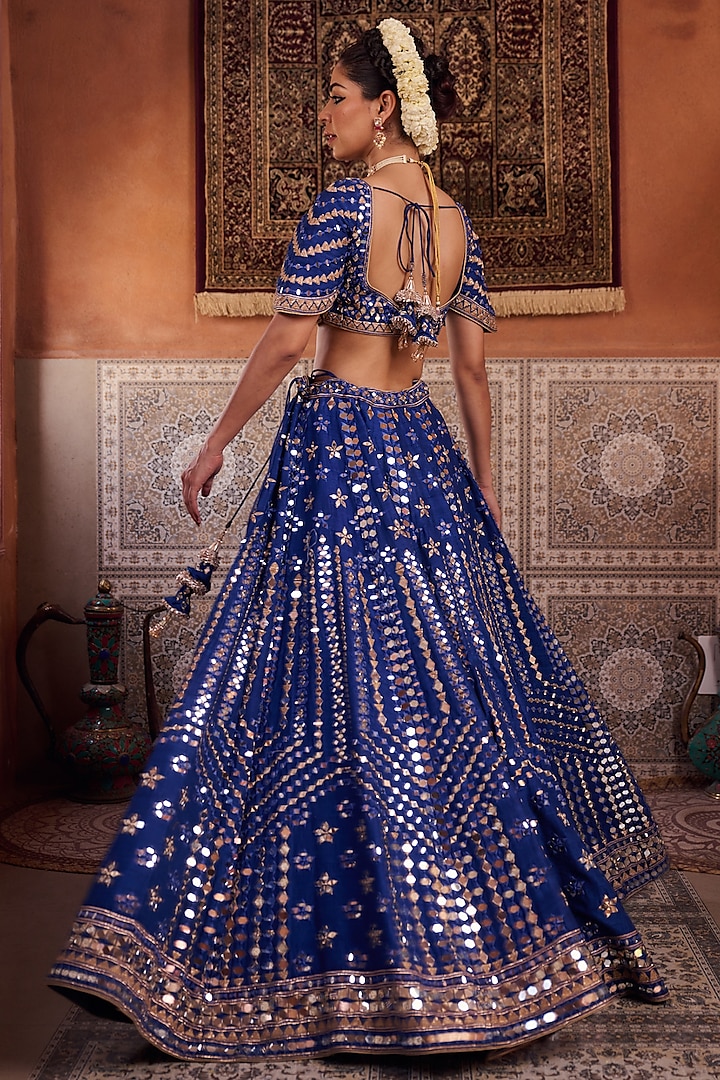 Royal Blue Dupion Silk Mirror Embroidered Bridal Lehenga Set by Kapda Dori at Pernia's Pop Up Shop
