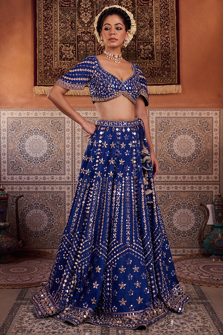 Royal Blue Dupion Silk Mirror Embroidered Bridal Lehenga Set by Kapda Dori at Pernia's Pop Up Shop
