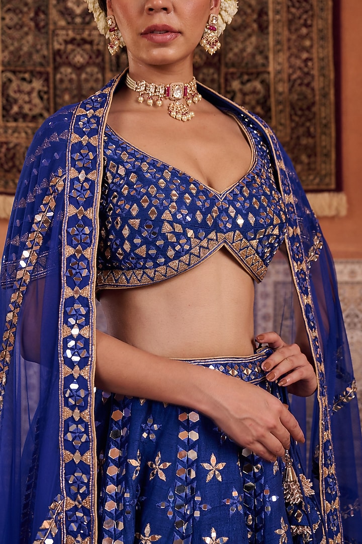 Royal Blue Dupion Silk Mirror Embroidered Bridal Lehenga Set by Kapda Dori at Pernia's Pop Up Shop