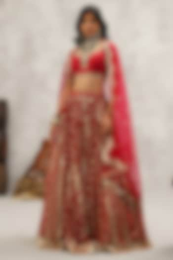 Maroon Georgette Hand & Machine Embroidered Wedding Lehenga Set by Kapda Dori at Pernia's Pop Up Shop