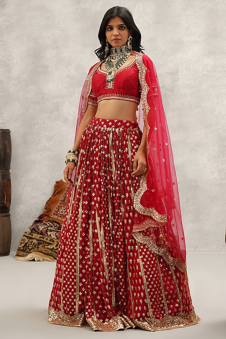 Maroon Georgette Hand & Machine Embroidered Wedding Lehenga Set by Kapda Dori at Pernia's Pop Up Shop