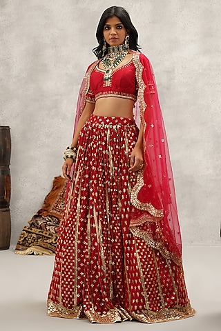 Maroon Georgette Hand & Machine Embroidered Lehenga Set by Kapda Dori