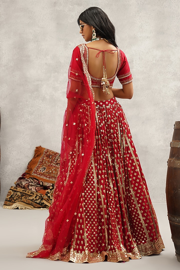 Maroon Georgette Hand & Machine Embroidered Wedding Lehenga Set by Kapda Dori at Pernia's Pop Up Shop