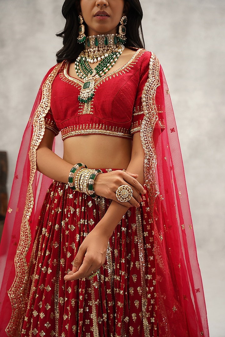 Maroon Georgette Hand & Machine Embroidered Wedding Lehenga Set by Kapda Dori at Pernia's Pop Up Shop