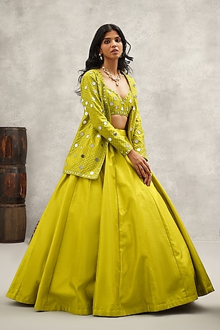 Lime Green Dupion Silk Hand & Machine Embroidered Jacket Lehenga Set by Kapda Dori