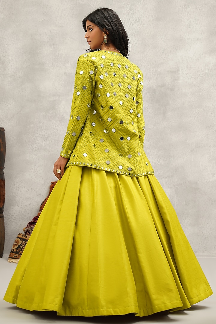 Lime Green Dupion Silk Hand & Machine Embroidered Jacket Wedding Lehenga Set by Kapda Dori at Pernia's Pop Up Shop