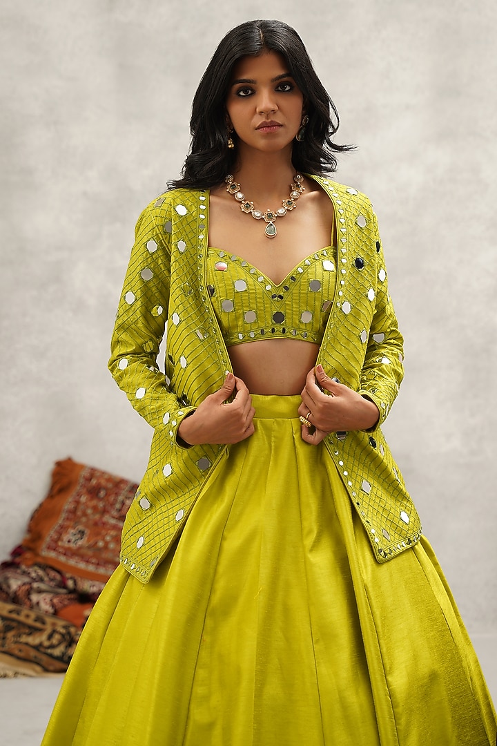 Lime Green Dupion Silk Hand & Machine Embroidered Jacket Wedding Lehenga Set by Kapda Dori at Pernia's Pop Up Shop