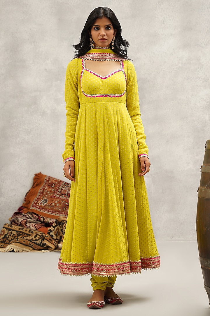 Lime Green Georgette Banarasi Hand & Machine Embroidered Anarkali Set by Kapda Dori at Pernia's Pop Up Shop