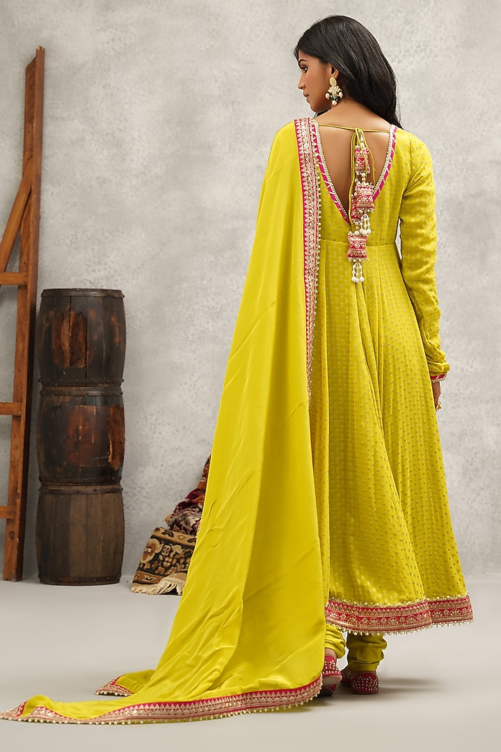 Lime Green Georgette Banarasi Hand & Machine Embroidered Wedding Anarkali Set by Kapda Dori at Pernia's Pop Up Shop