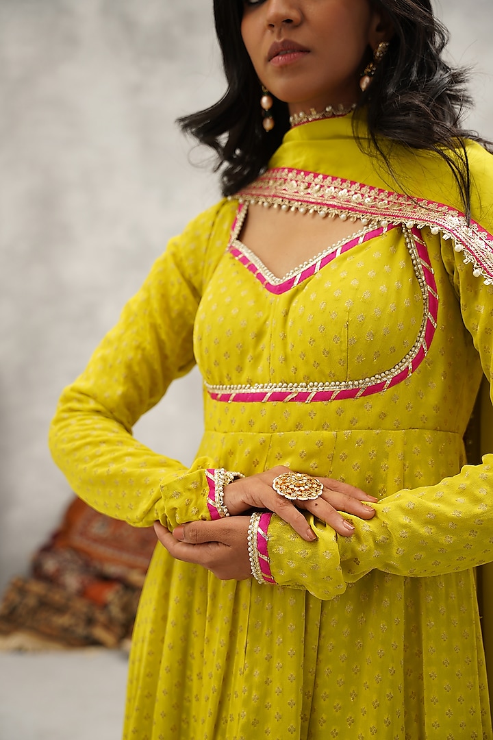 Lime Green Georgette Banarasi Hand & Machine Embroidered Wedding Anarkali Set by Kapda Dori at Pernia's Pop Up Shop