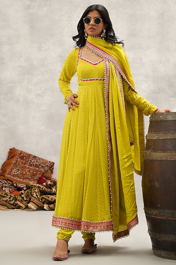 Lime Green Georgette Banarasi Hand & Machine Embroidered Wedding Anarkali Set by Kapda Dori at Pernia's Pop Up Shop