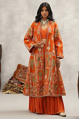 Orange Banarasi Chiffon Hand & Machine Embroidered Jacket Set by Kapda Dori