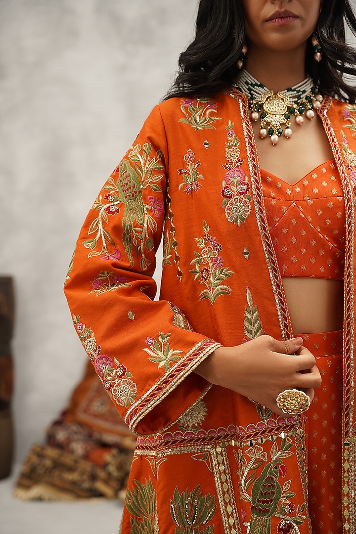 Orange Banarasi Chiffon Hand & Machine Embroidered Jacket Set by Kapda Dori at Pernia's Pop Up Shop