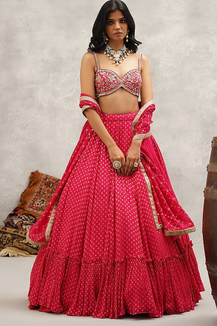 Fuchsia Raw Silk Hand Embroidered Wedding Lehenga Set by Kapda Dori at Pernia's Pop Up Shop