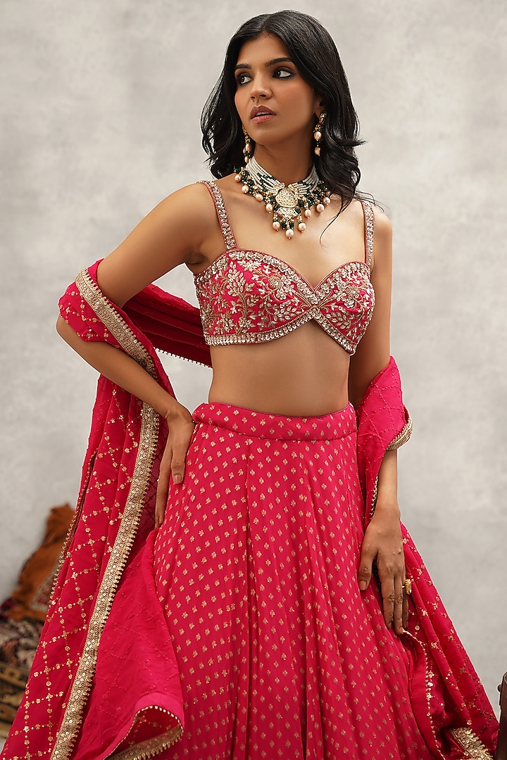Fuchsia Raw Silk Hand Embroidered Wedding Lehenga Set by Kapda Dori at Pernia's Pop Up Shop