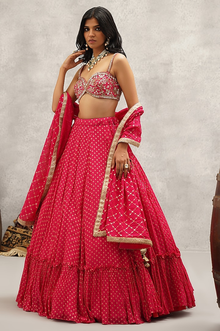 Fuchsia Raw Silk Hand Embroidered Wedding Lehenga Set by Kapda Dori at Pernia's Pop Up Shop