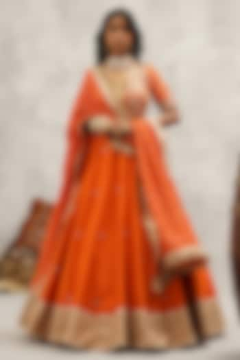 Orange Raw Silk Hand & Machine Embroidered Wedding Lehenga Set by Kapda Dori at Pernia's Pop Up Shop