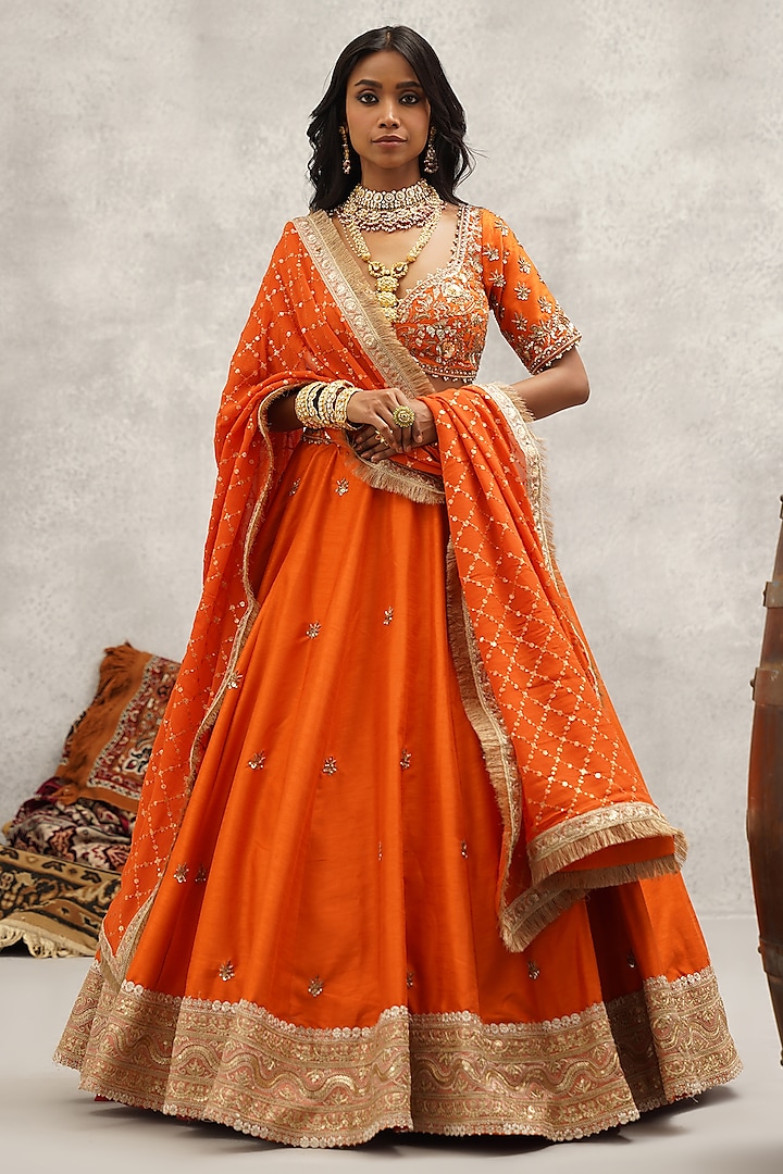 Orange Raw Silk Hand & Machine Embroidered Wedding Lehenga Set by Kapda Dori at Pernia's Pop Up Shop