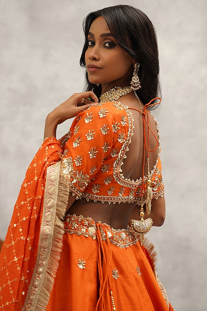Orange Raw Silk Hand & Machine Embroidered Wedding Lehenga Set by Kapda Dori at Pernia's Pop Up Shop