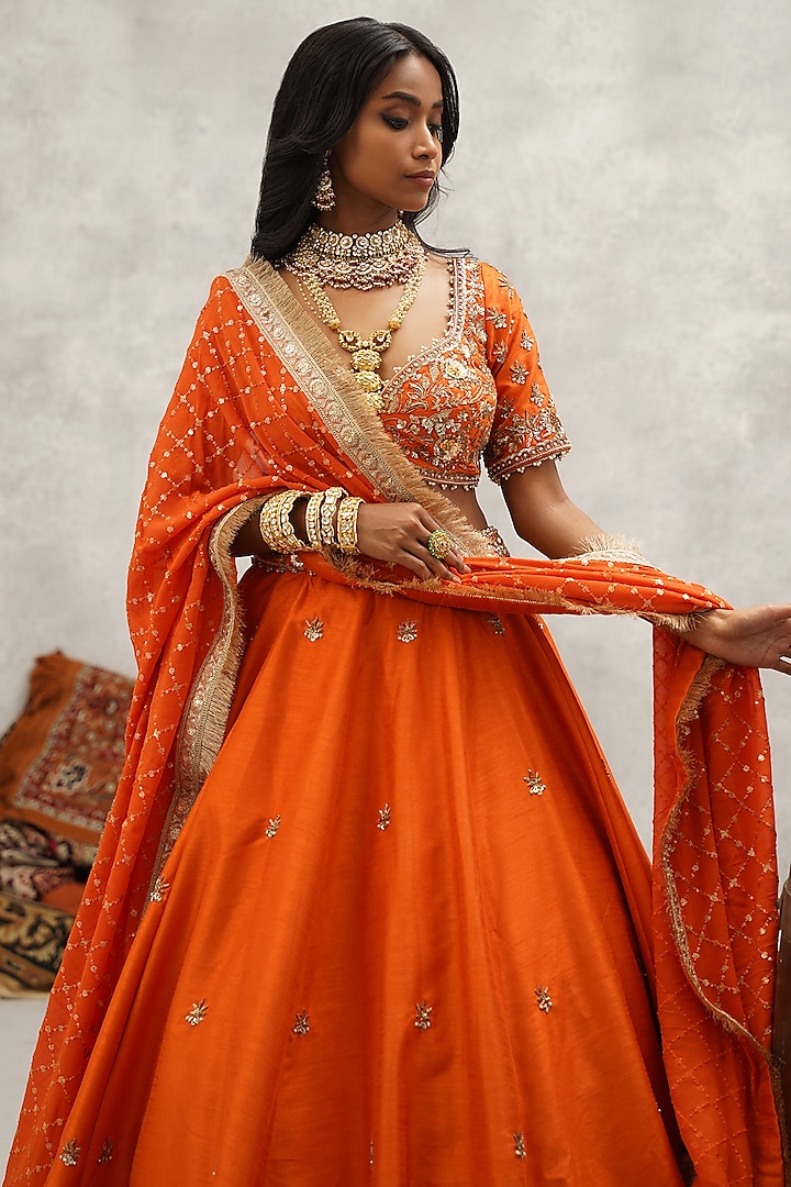 Orange Raw Silk Hand Machine Embroidered Wedding Lehenga Set by